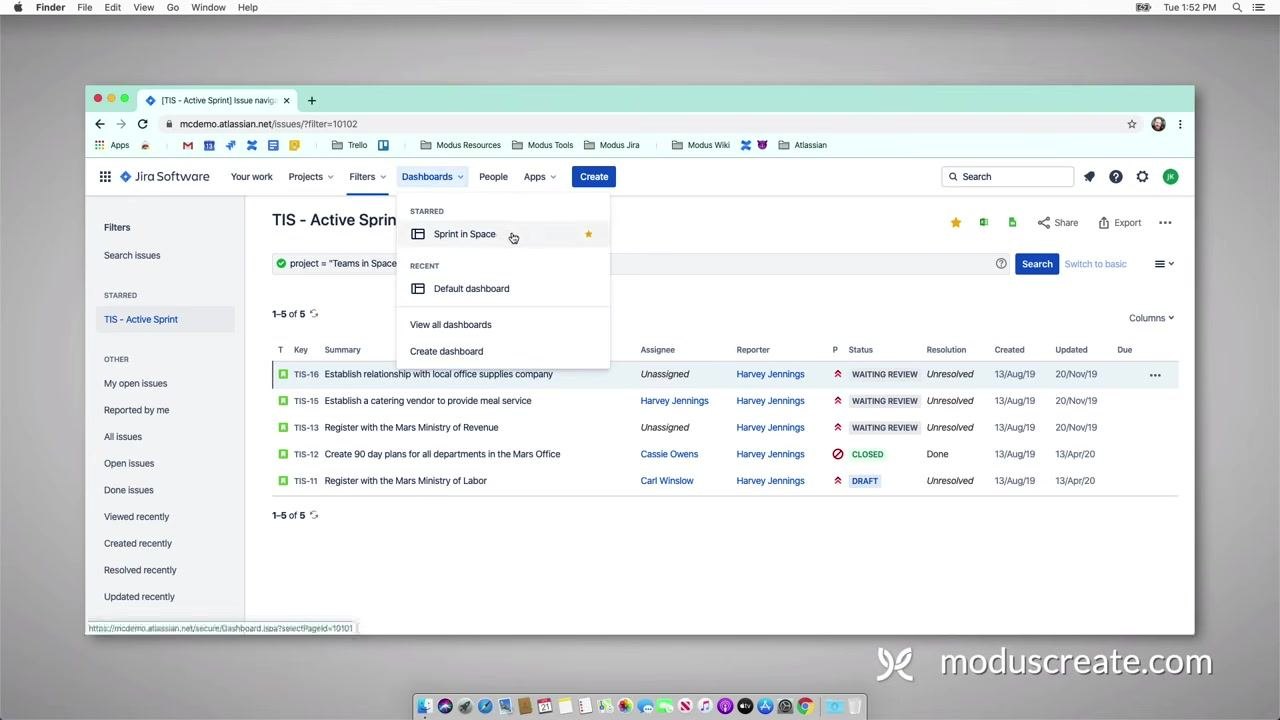 Jira dashboard selection dropdown open, showing "Sprint in Space" starred and "Default dashboard" under Recent. The main screen lists issues for "TIS - Active Sprint" with columns for Key, Summary, Assignee, Reporter, Status, Resolution, Created, Updated, and Due