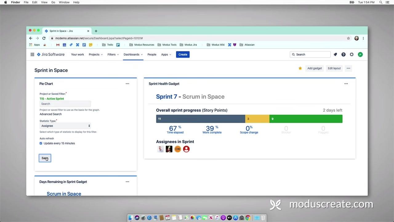 Pie Chart gadget being configured, with "TIS - Active Sprint" selected as the filter, Statistic Type set to Assignee, and the Save button highlighted; the Sprint Health gadget is visible on the right