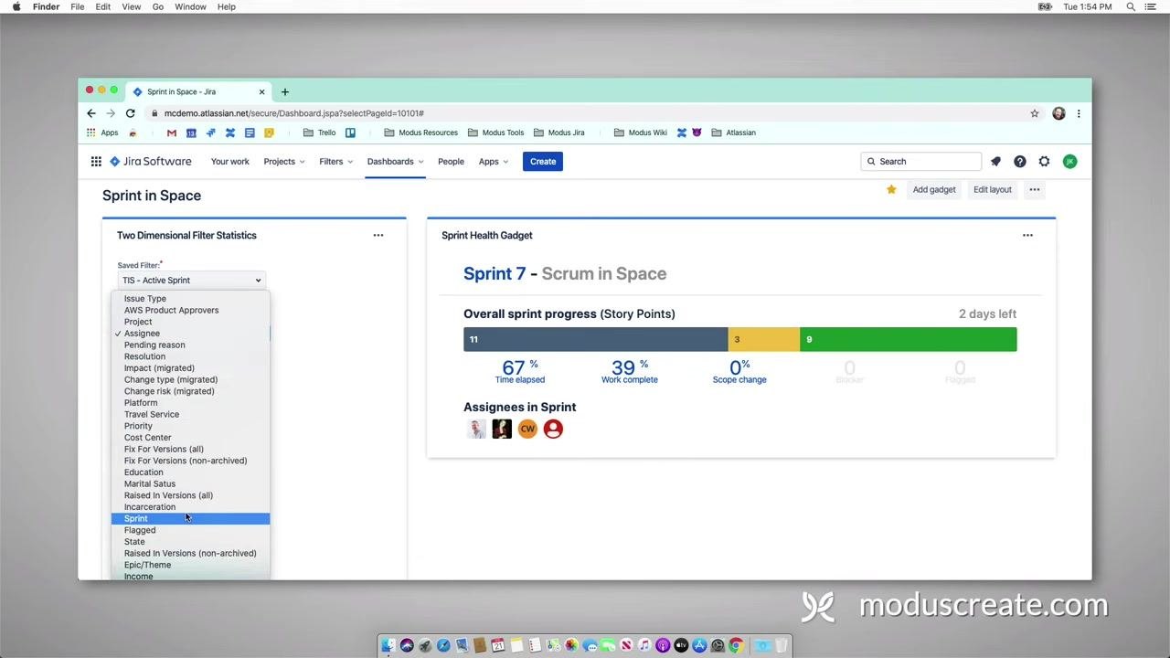 Two Dimensional Filter Statistics gadget being configured, with "TIS - Active Sprint" selected and a dropdown for dimension selection open showing options like Issue Type, Assignee, and Sprint
