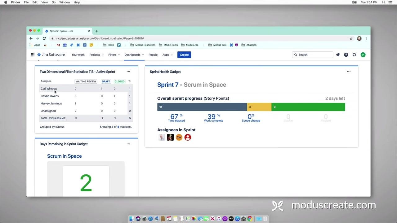 Two Dimensional Filter Statistics gadget showing a table with assignees (Carl Winslow, Cassie Owens, Harvey Jennings, Unassigned) and statuses (WAITING REVIEW, DRAFT, CLOSED) with counts for each