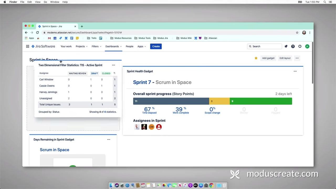 Dashboard overview with the Two Dimensional Filter Statistics gadget, the Days Remaining in Sprint gadget, and the Sprint Health gadget all visible and populated