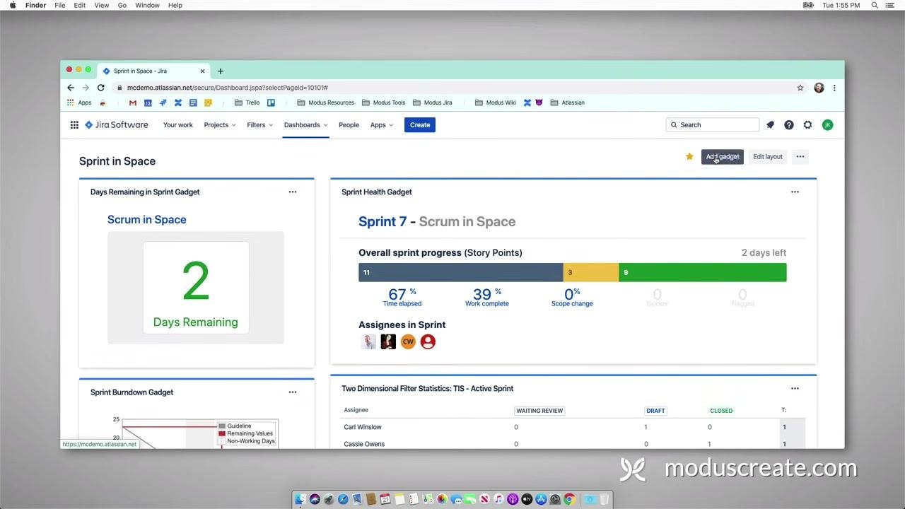 Jira dashboard with the "Add gadget" button highlighted, showing existing gadgets: Days Remaining in Sprint, Sprint Health, Sprint Burndown, and Two Dimensional Filter Statistics
