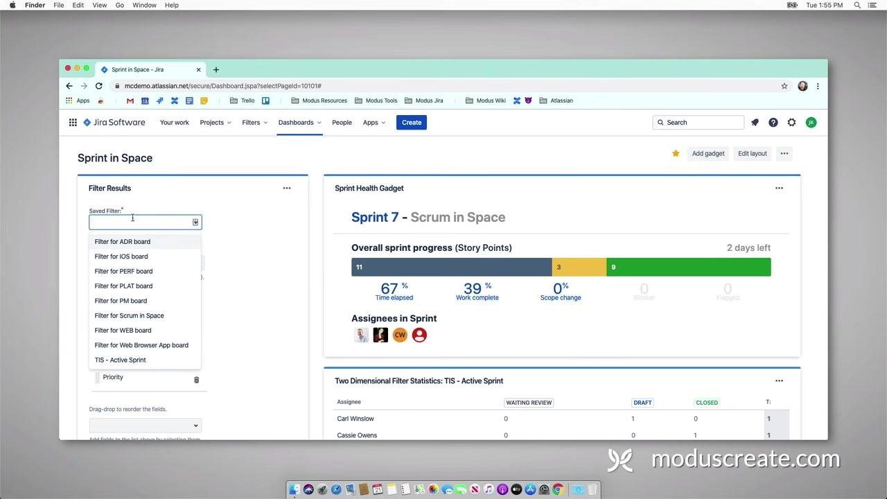 Filter Results gadget being configured, with the Saved Filter dropdown open showing options like "TIS - Active Sprint" and others; the Sprint Health gadget is visible on the right