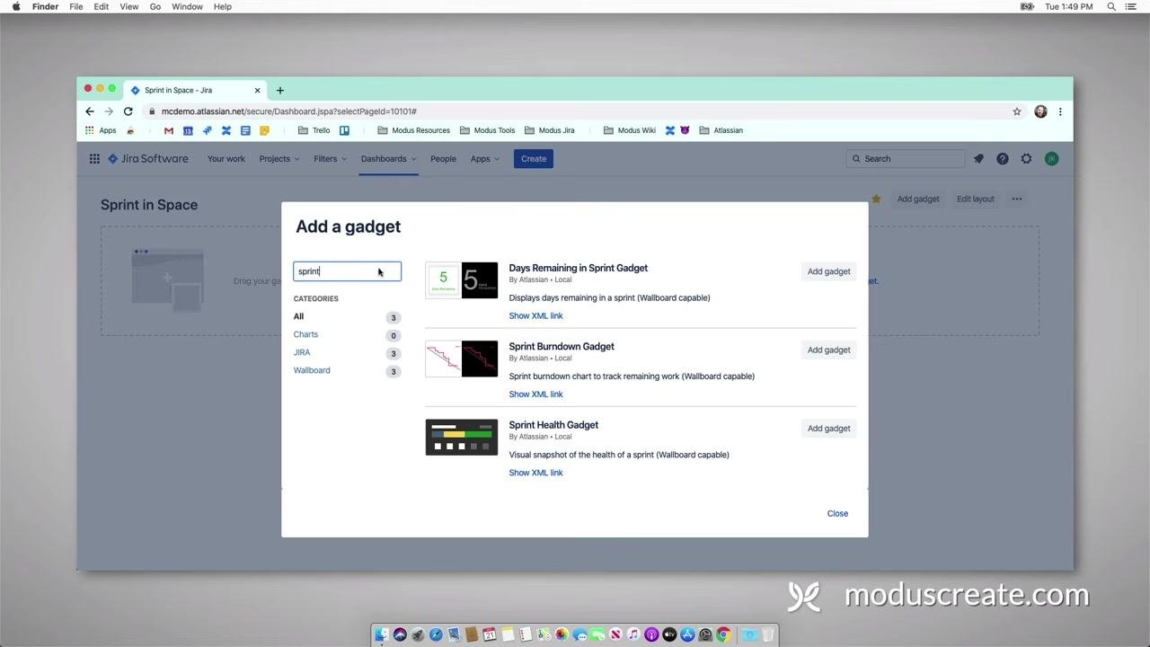 Add a gadget dialog in Jira with a search for "sprint" listing three gadgets: Days Remaining in Sprint, Sprint Burndown, and Sprint Health