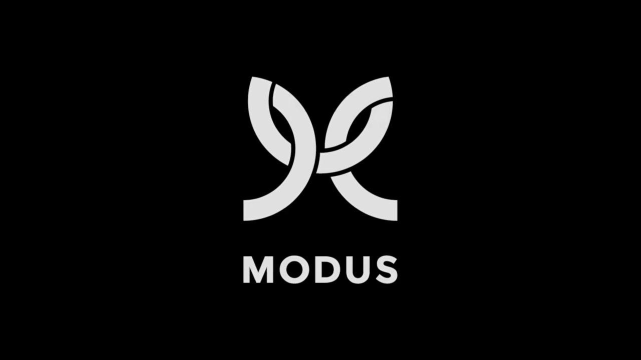 Black background with a large, stylized white logo centered above the word "MODUS" in bold, uppercase letters, with no other objects, people, or UI elements present