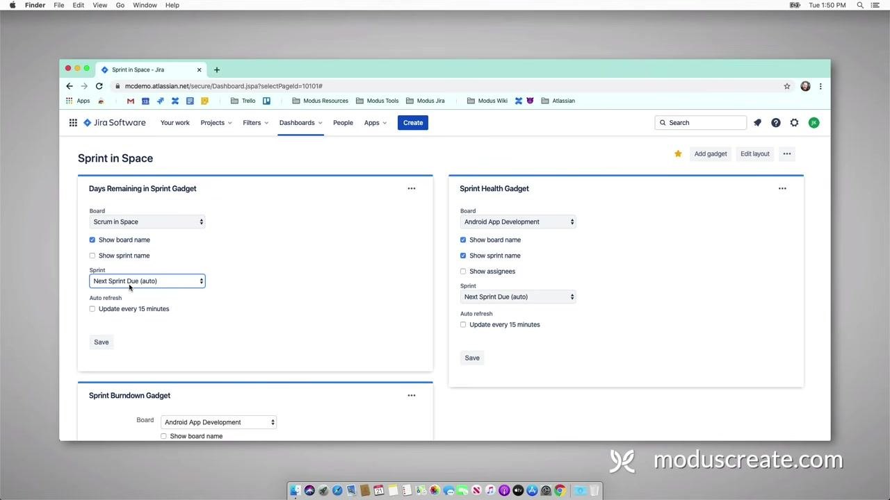 Configuring the Days Remaining in Sprint gadget with board set to "Scrum in Space," Show board name checked, sprint set to "Next Sprint Due (auto)," and the Save button visible