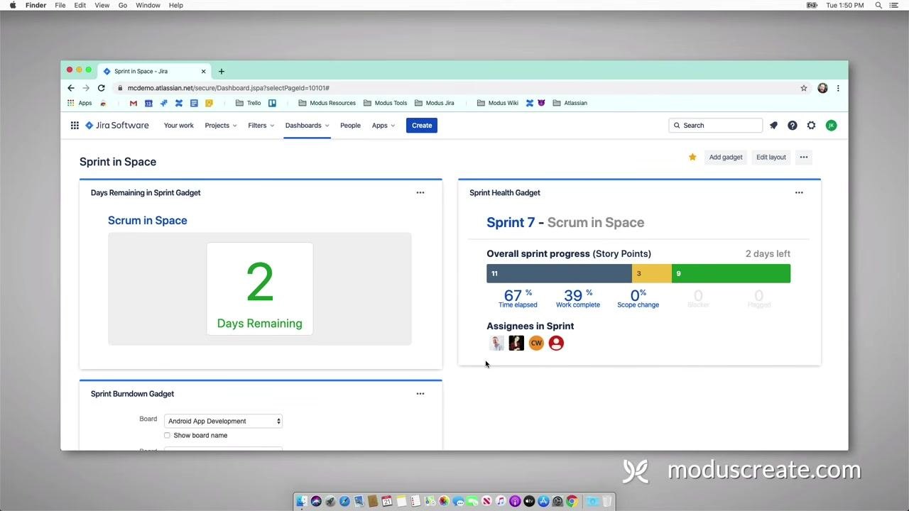 Sprint Health gadget configured for the "Scrum in Space" board, showing board name, sprint name, assignees, and auto-refresh enabled