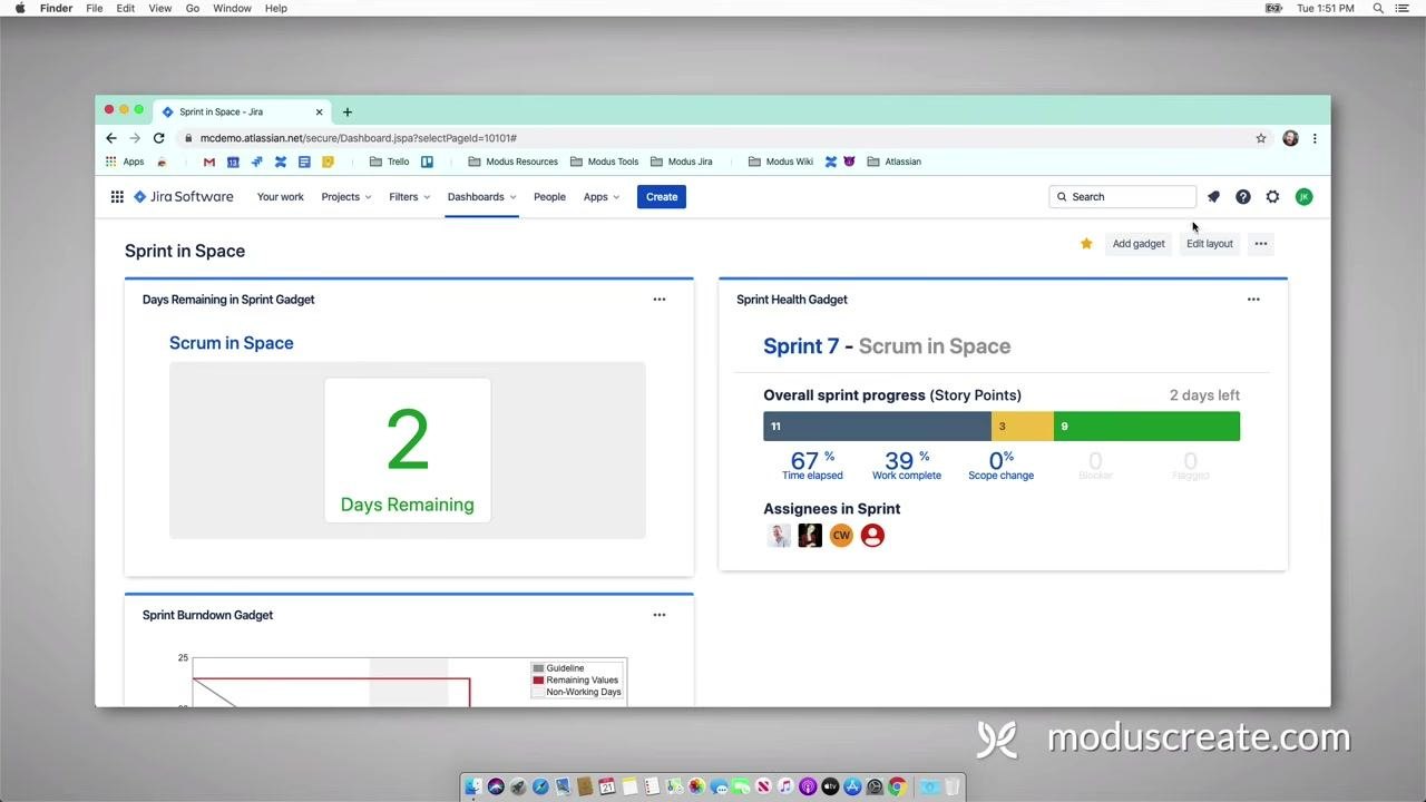 Jira dashboard with gadgets displayed and the Edit layout button visible, showing options to customize the dashboard layout