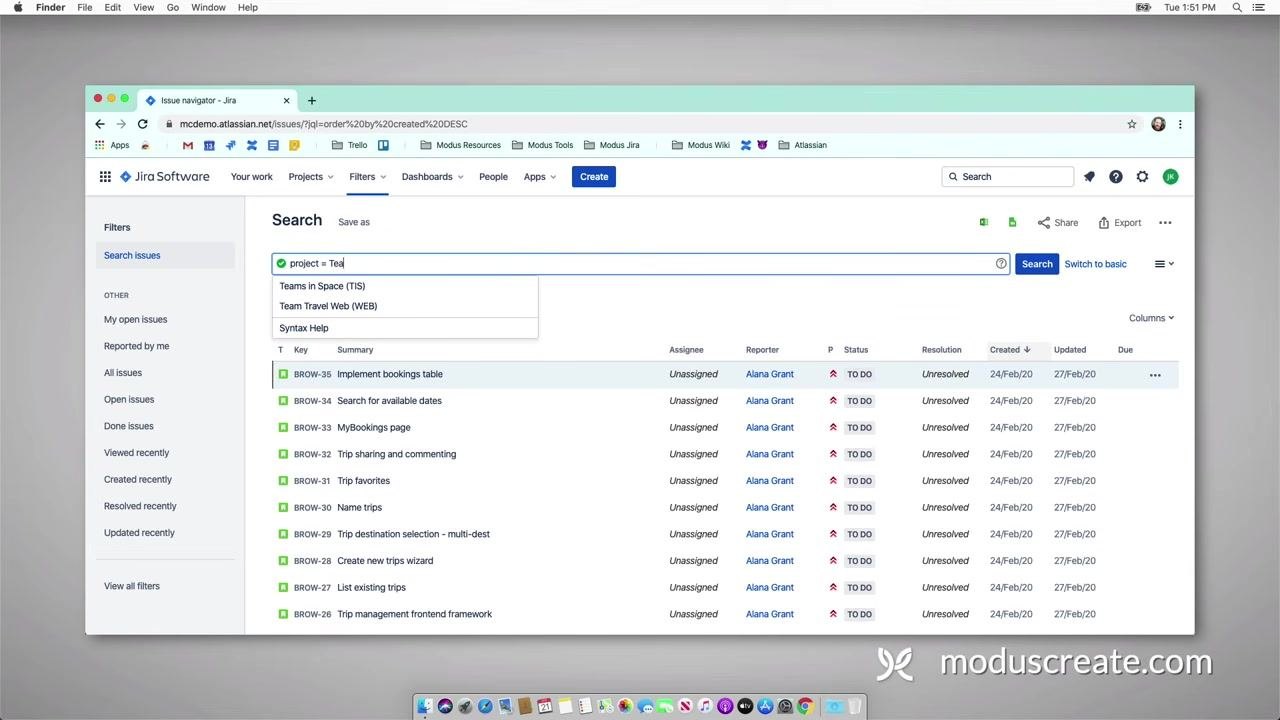 Jira dashboard with the Filters menu open, showing options for View all filters and Advanced issue search