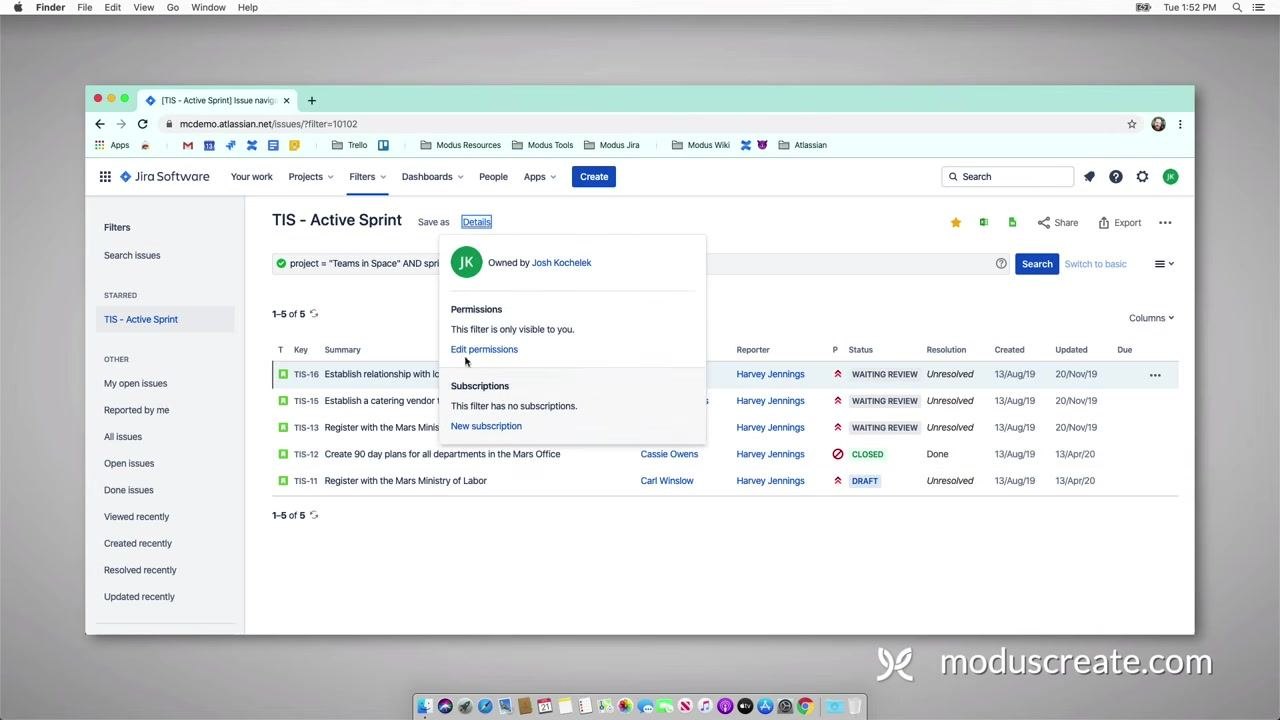Jira filter details pop-up for TIS - Active Sprint, showing the Edit permissions option being selected, with filter ownership and subscription details visible