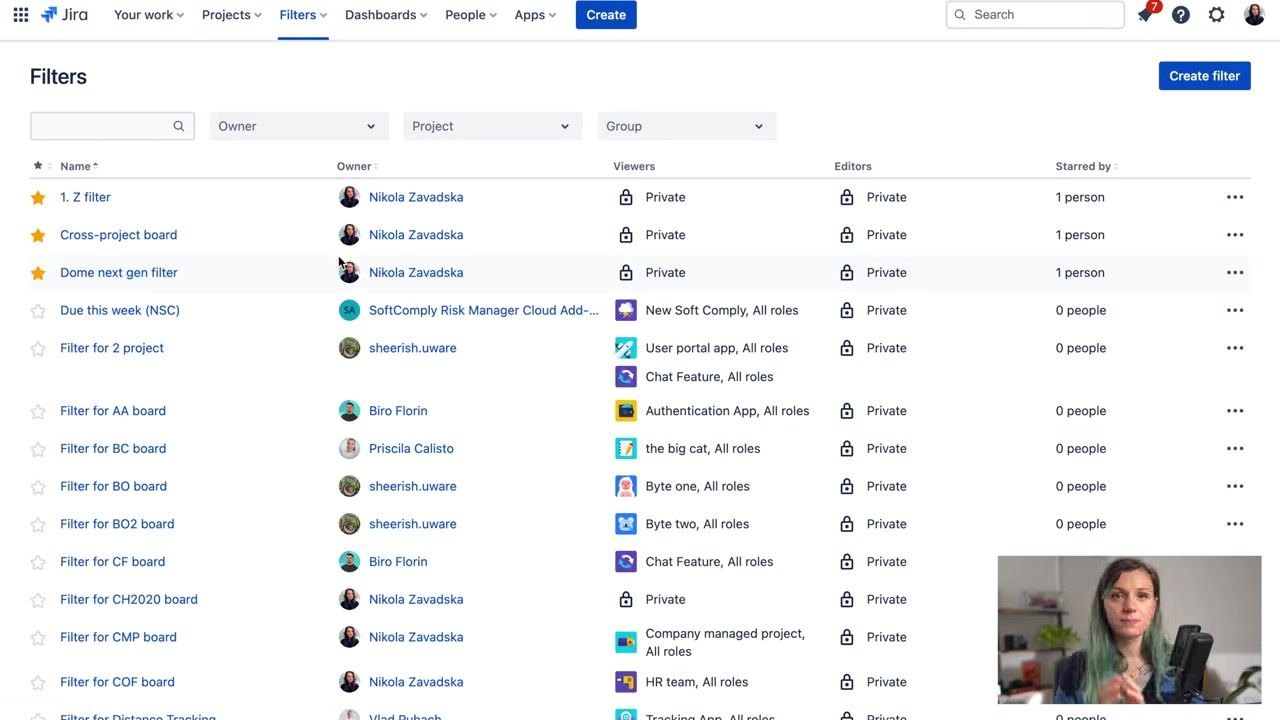 Jira Filters screen showing a list of filters, owners, viewers, editors, and the "Create filter" button highlighted in the top right