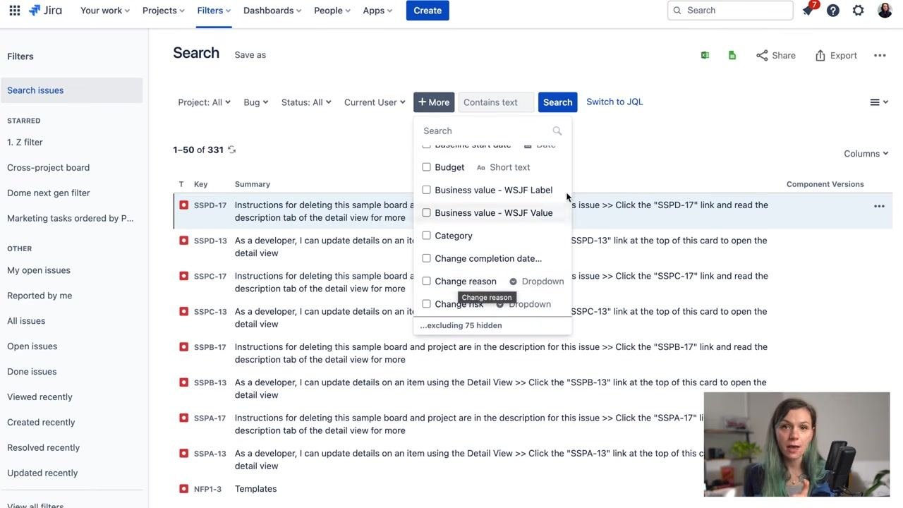 Jira Search screen with dropdowns for Project, Issue Type, Status, Assignee, and "+ More" options visible