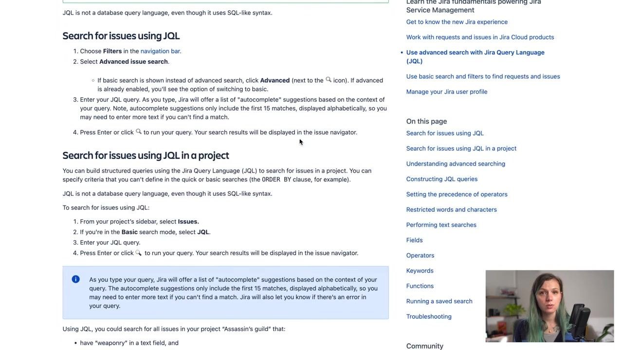 Jira Search screen with JQL query entered and help icon highlighted