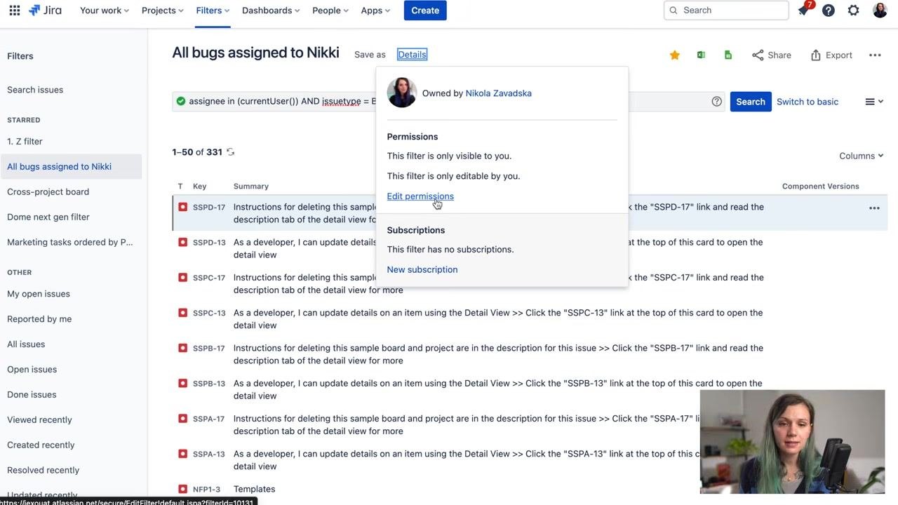 Jira "Save Filter" dialog with 'All bugs assigned to Nikki' entered in the Filter Name field and Submit/Cancel buttons visible. Background shows the Jira Search screen with issues listed.