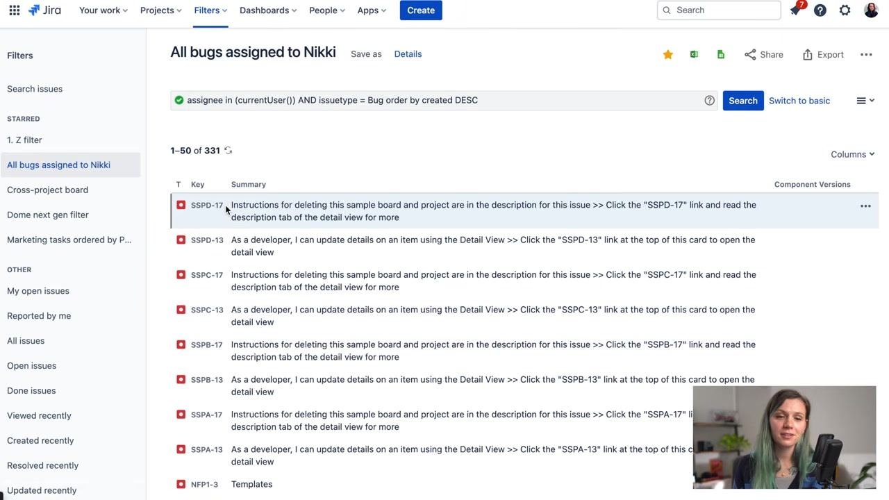 Jira sidebar with "All bugs assigned to Nikki" filter starred and highlighted under the Starred section.