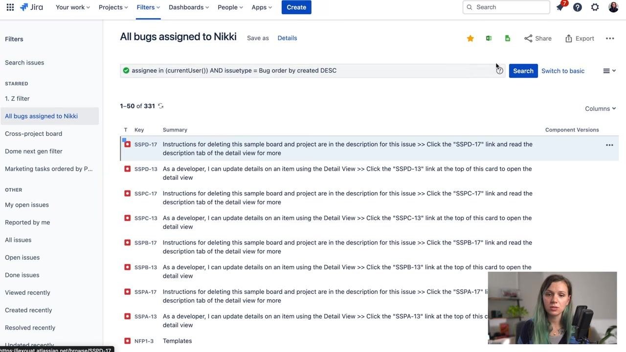 Jira search screen with the "All bugs assigned to Nikki" filter selected, showing issues and the search bar.