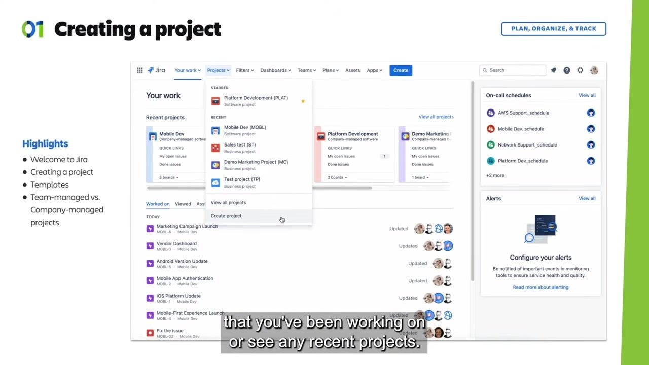 Jira dashboard with the Projects dropdown open, showing recent projects and the highlighted "Create project" button.