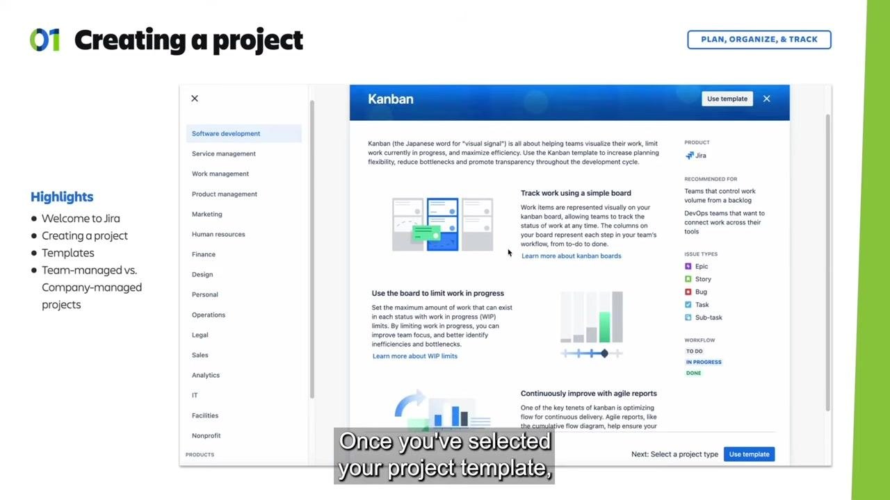 Jira project template selection screen showing categories such as Software development, Service management, and Work management, with templates like Kanban, Scrum, and Top-level planning.
