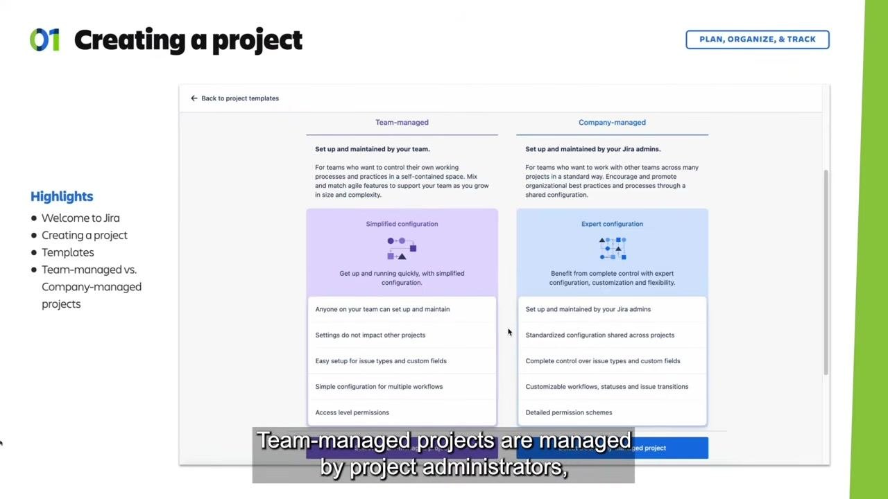 Jira screen comparing team-managed and company-managed project types, with configuration details highlighted for each option.