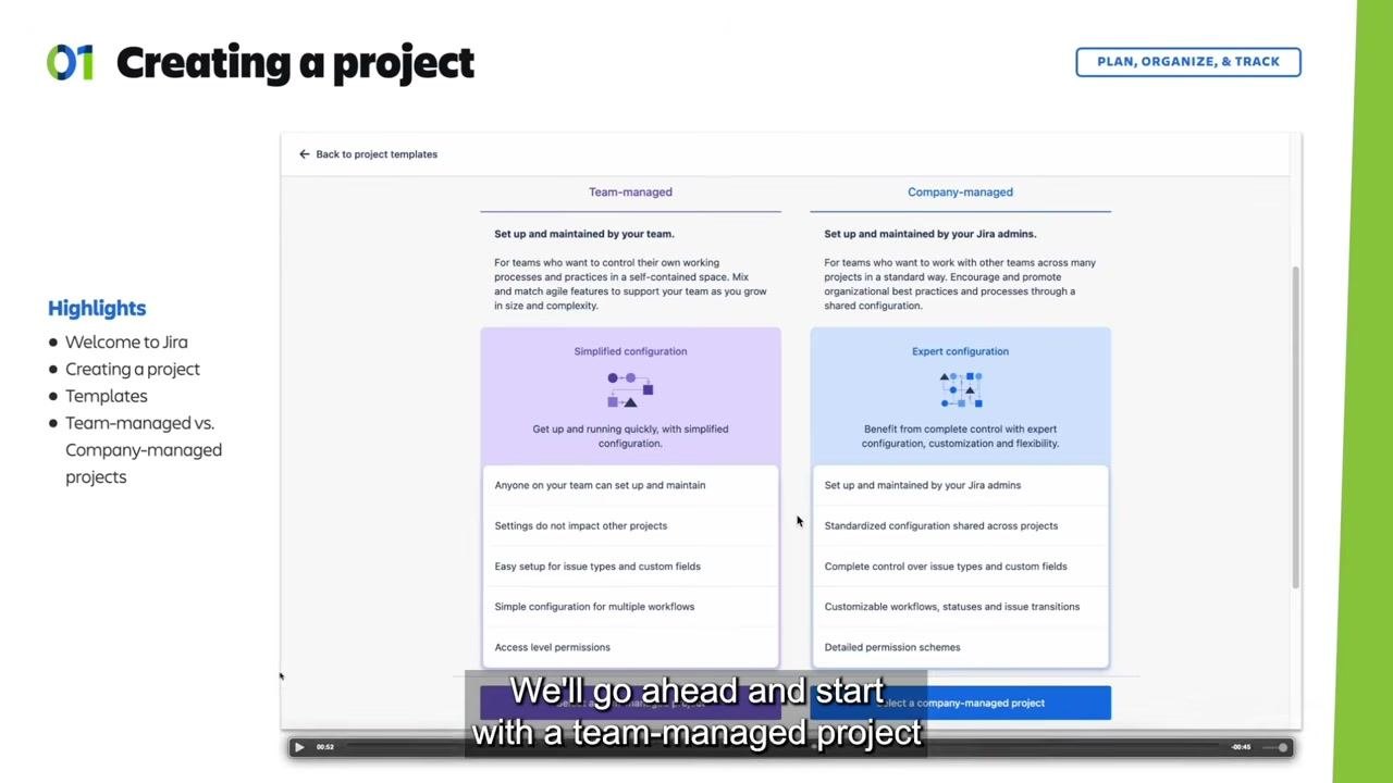Jira screen with the team-managed project type selected, ready to proceed.
