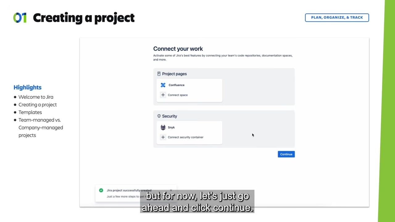Jira "Connect your work" screen showing options to connect Confluence and Snyk, with the "Continue" button highlighted.