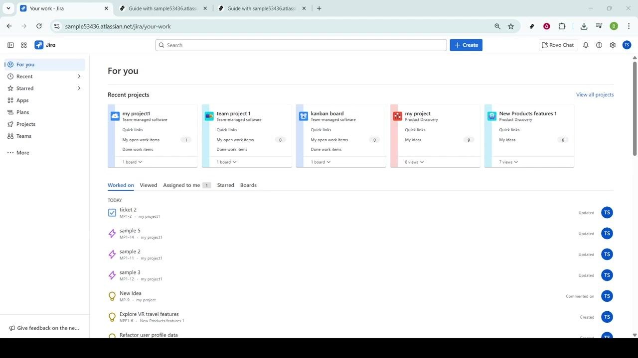Jira dashboard showing recent projects and work items