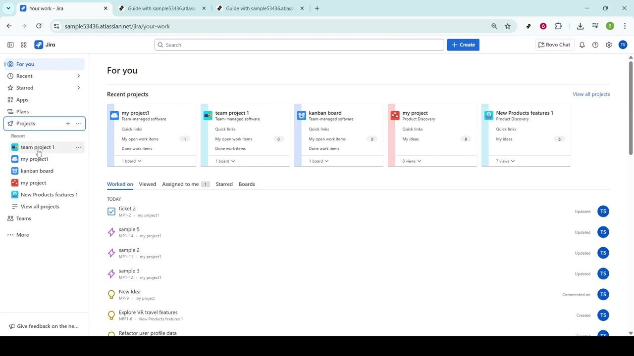 Sidebar with Projects menu expanded and cursor over a project