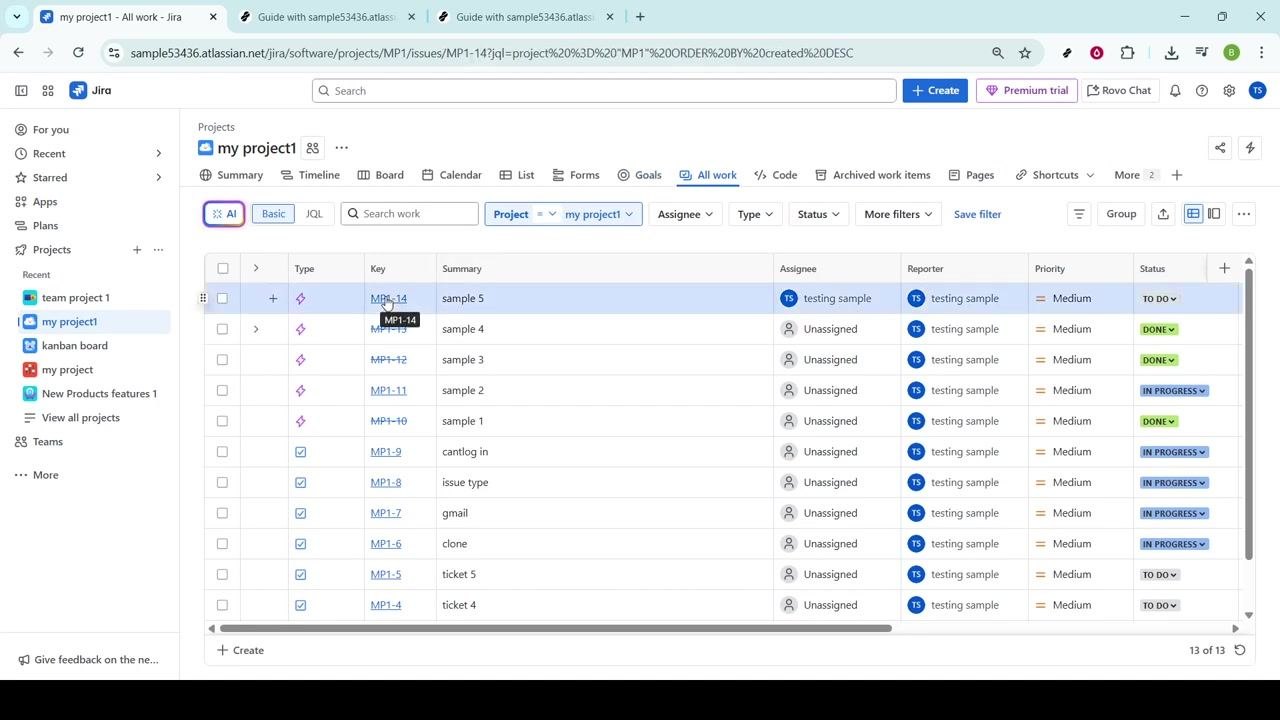 All work view with issue key being selected