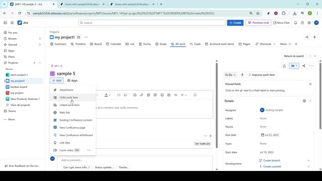 Dropdown menu under + Add with Child work item highlighted