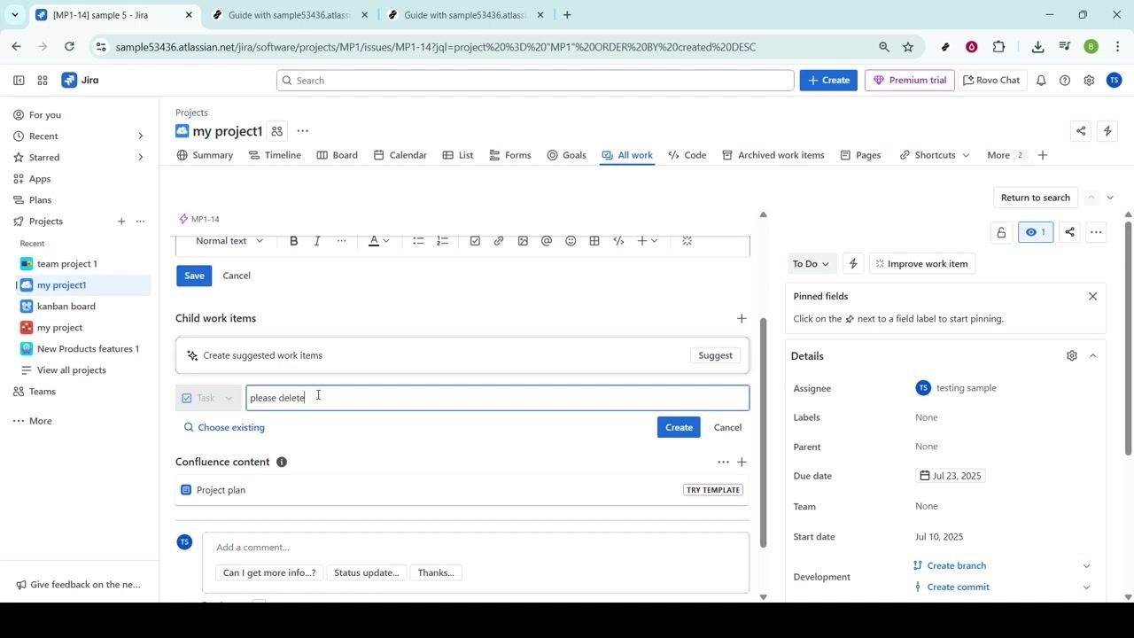 Child work items section open with a description being typed