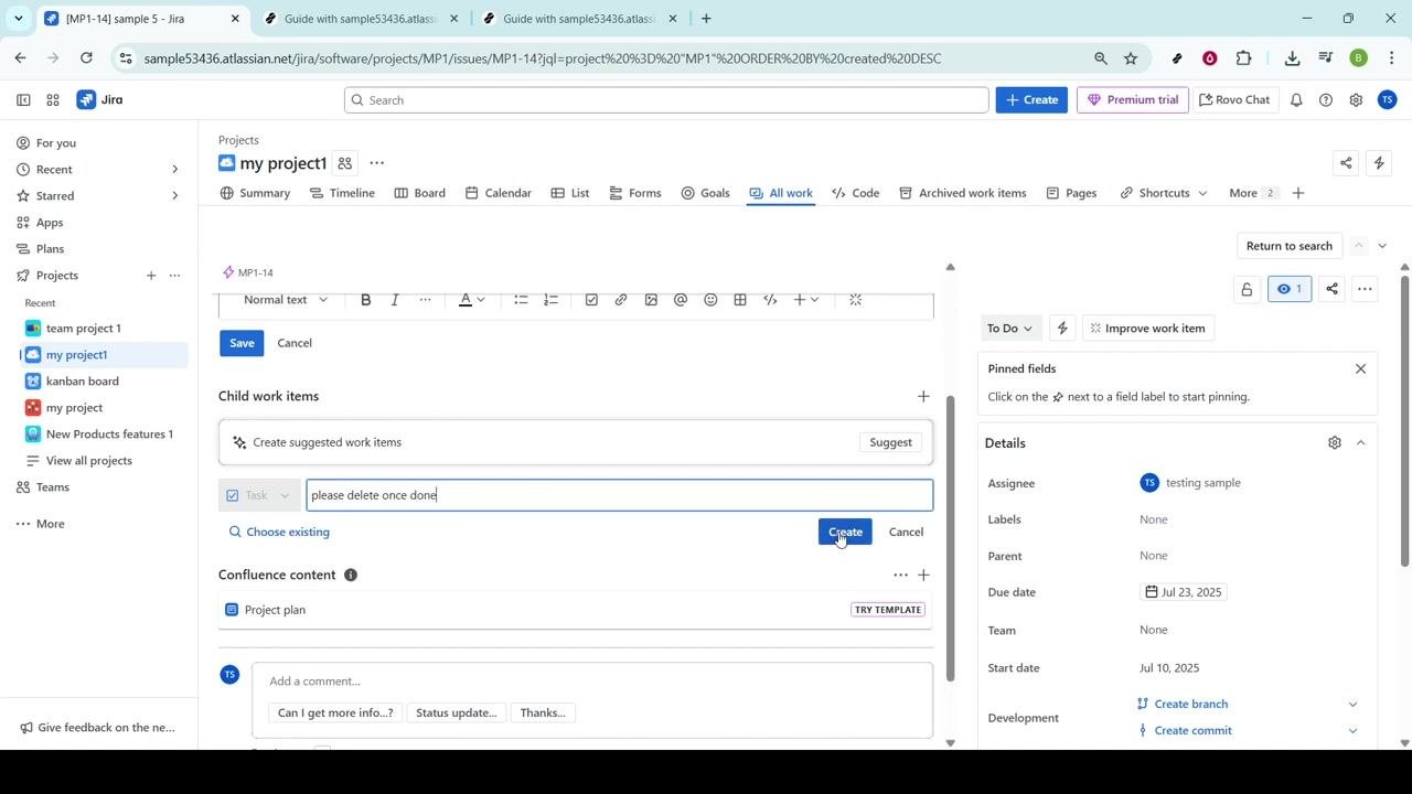 Create button being clicked to add the subtask