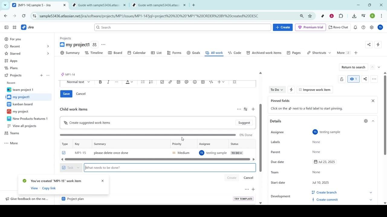 Subtask appears in the Child work items list with confirmation message