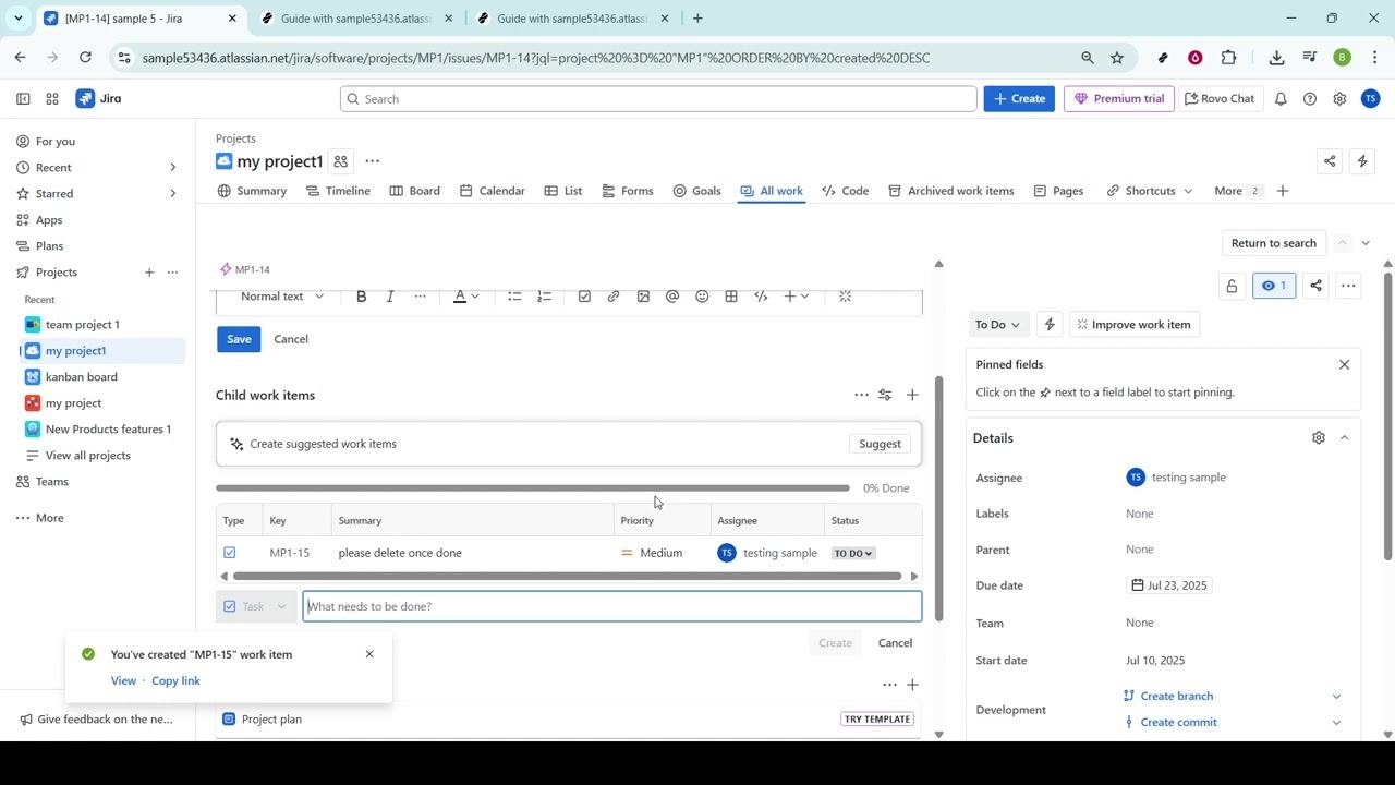 Jira interface showing the confirmation message for subtask creation, child work items list, and issue details panel