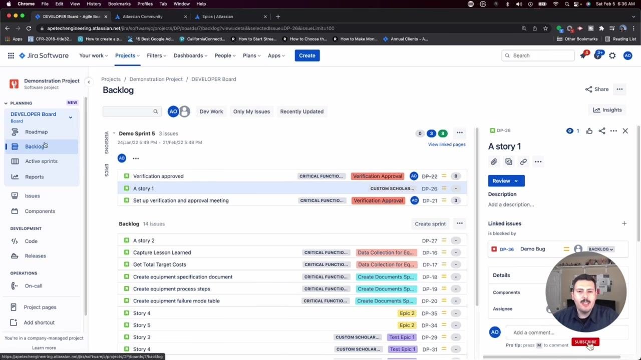 Jira Software board open in Backlog view, showing issues, epics, and a details panel for a selected story, with the presenter shown in a small video overlay.