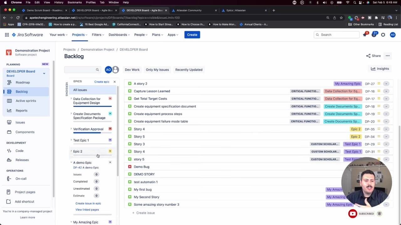 Jira Software Backlog with the Epics panel expanded, showing a list of epics and their details.