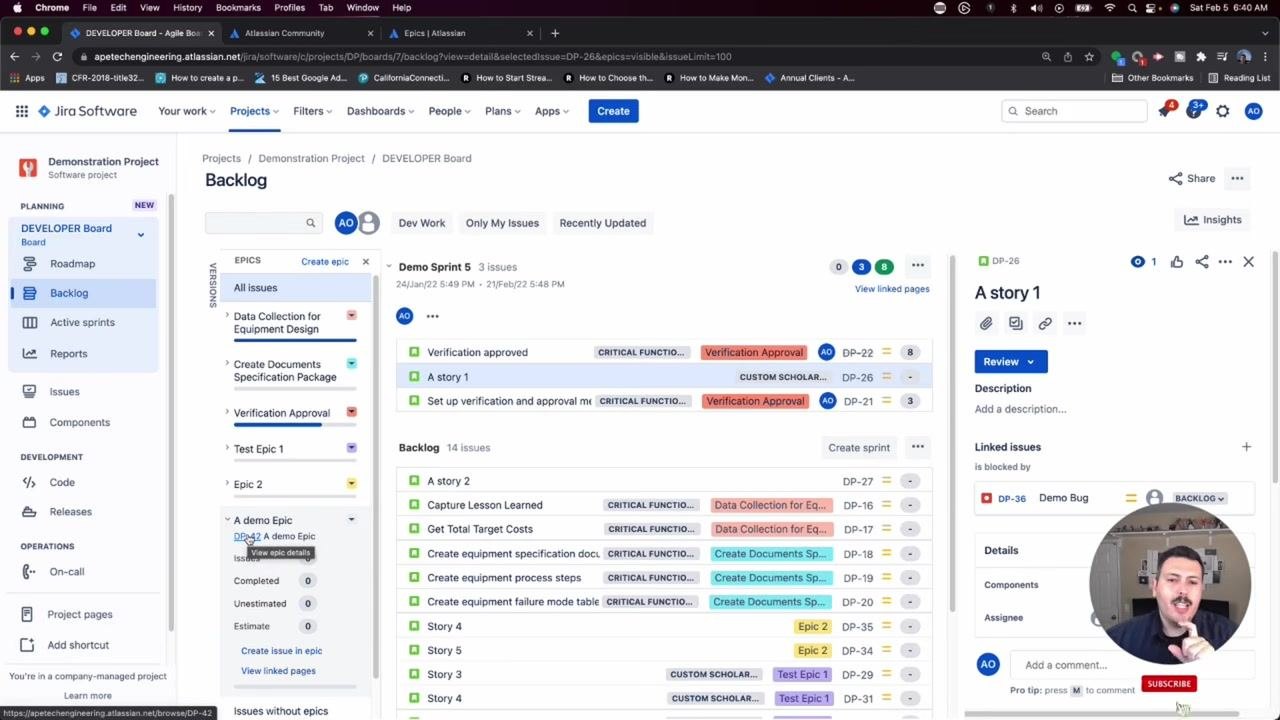 Jira backlog with the Epics panel open on the left, showing "A demo Epic" (DP-42) listed among other epics. The main backlog does not display the epic directly.