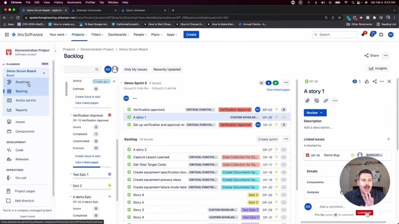 Jira Roadmap view with the epic details pane open, showing fields such as Epic Name, Reporter, and Priority, along with timeline bars for each epic.