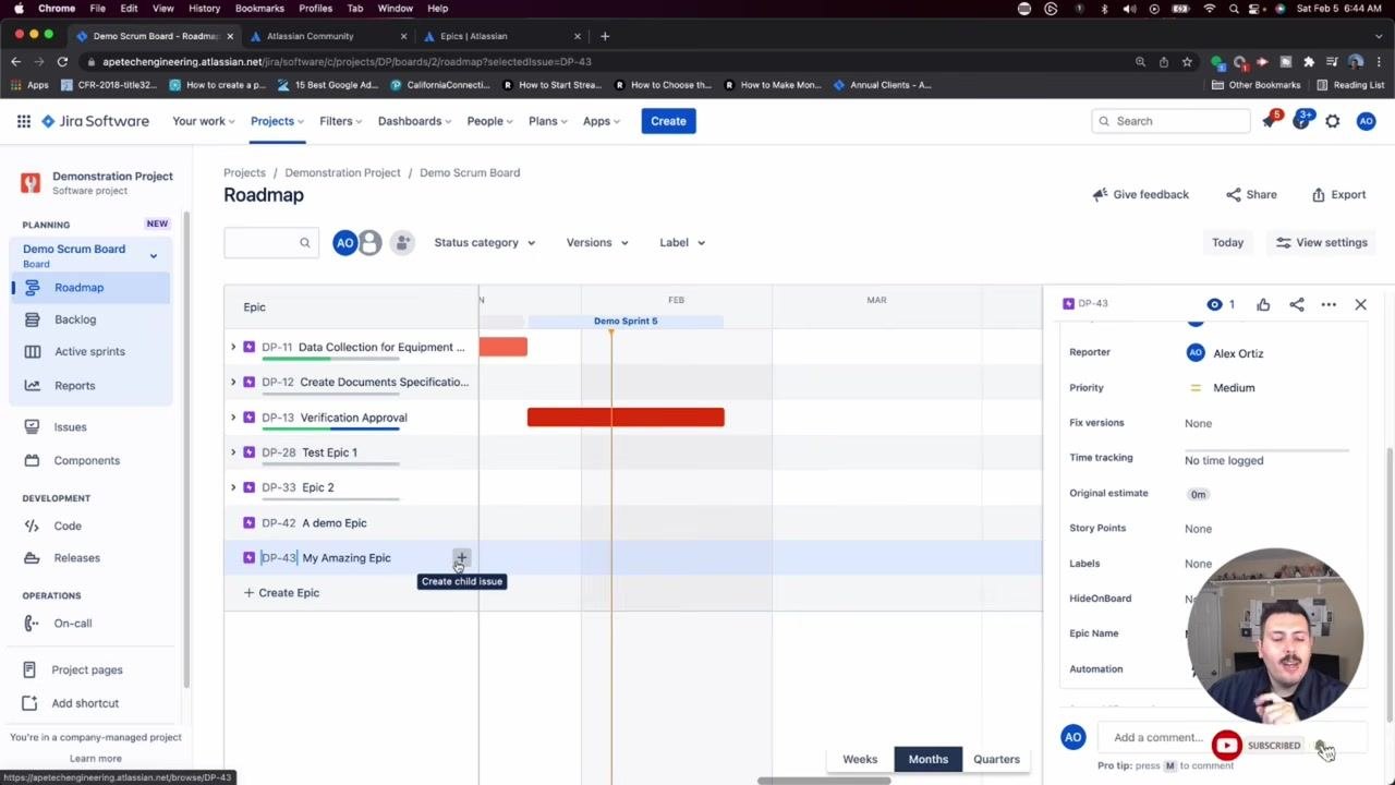 Cursor hovering over the "+" button labeled "Create child issue" next to an epic in the Roadmap view.