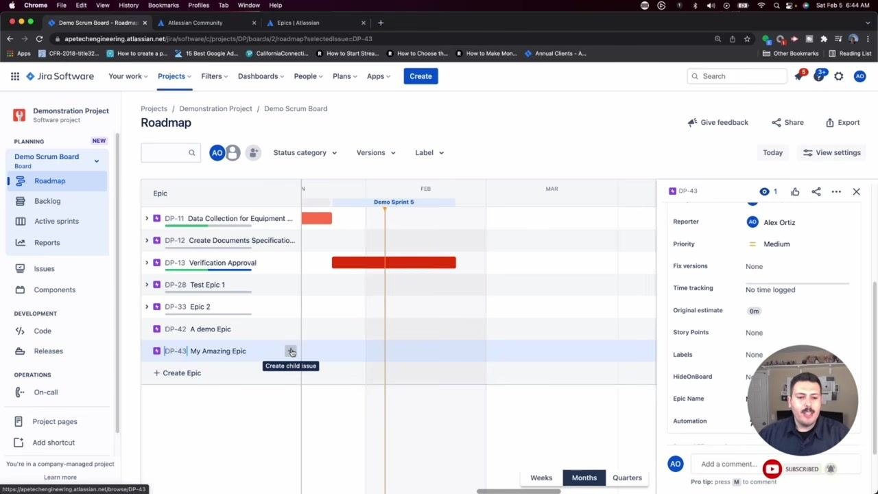 Jira Roadmap view with the "+" button for creating a child issue highlighted, ready for issue type selection.