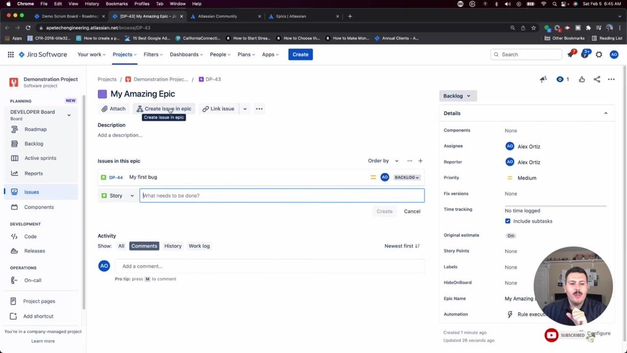 Epic details screen with the "Create issue in epic" field active, ready to add a new story.