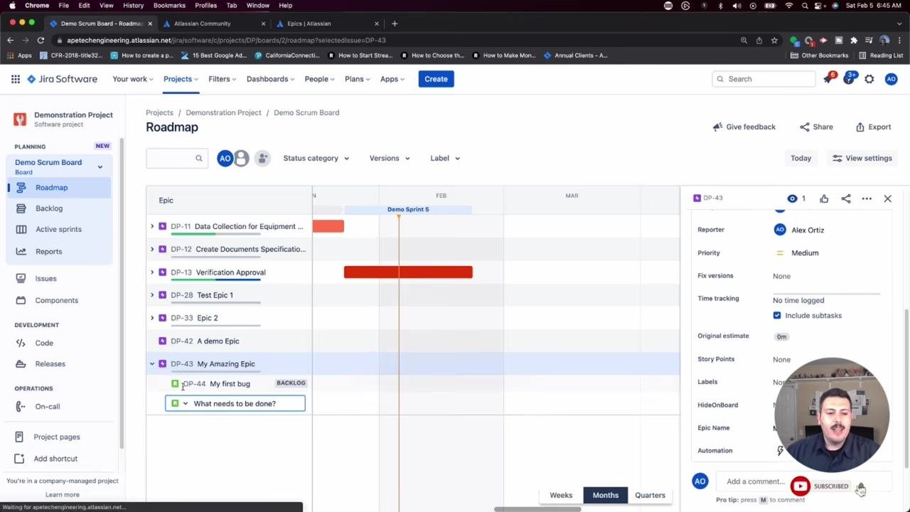 Jira Roadmap view with "My Amazing Epic" selected, showing its child issues and the epic details pane.