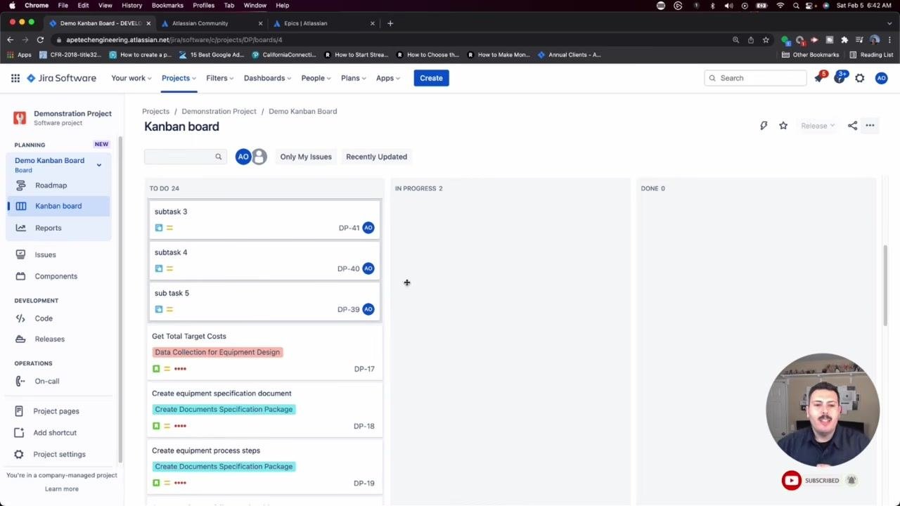 Kanban board view in Jira showing a variety of issue types in the "TO DO" column, with the presenter preparing to switch back to the Scrum board.