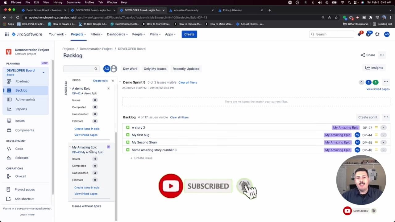 Jira Software Backlog with a "SUBSCRIBED" status and notification bell, indicating successful subscription.