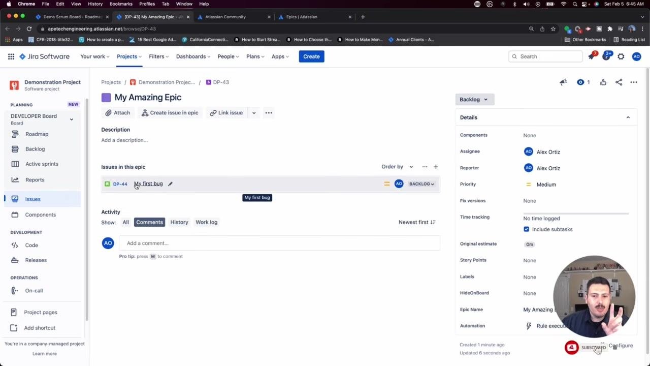 Epic details screen for "My Amazing Epic" showing linked issues and the details pane.