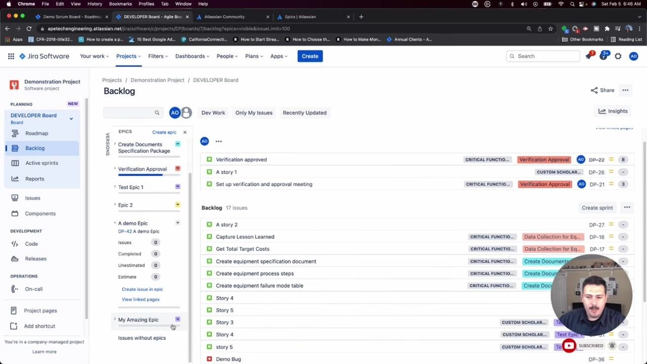 Jira Backlog view with "My Amazing Epic" and its associated purple-colored issues visible in the backlog and epics panel.