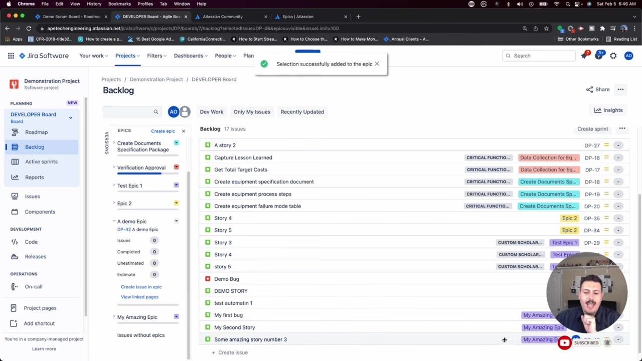 Jira Backlog with a confirmation message reading "Selection successfully added to the epic" after associating a story with an epic.