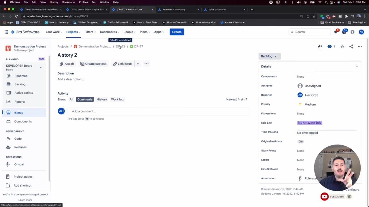 Jira issue screen showing the breadcrumb with the epic key and an updated Epic Link field reading "My Amazing Epic."
