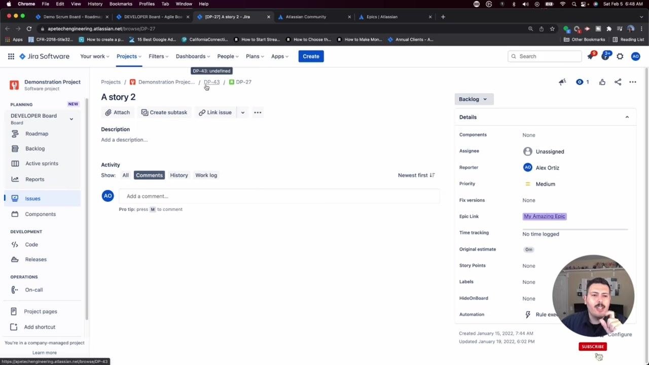 Jira issue screen highlighting the parent epic shown in the breadcrumb and Epic Link field.