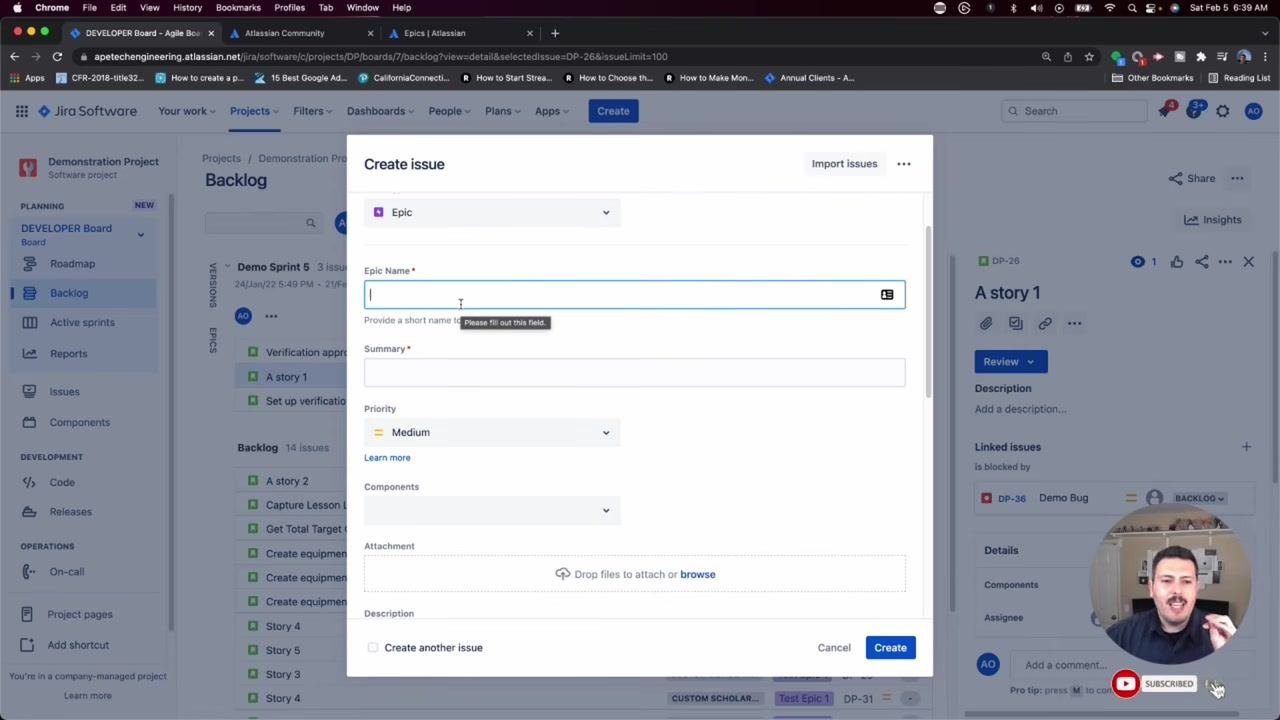 The presenter advising to keep the "Epic Name" short, precise, and descriptive in the Jira "Create issue" dialog.