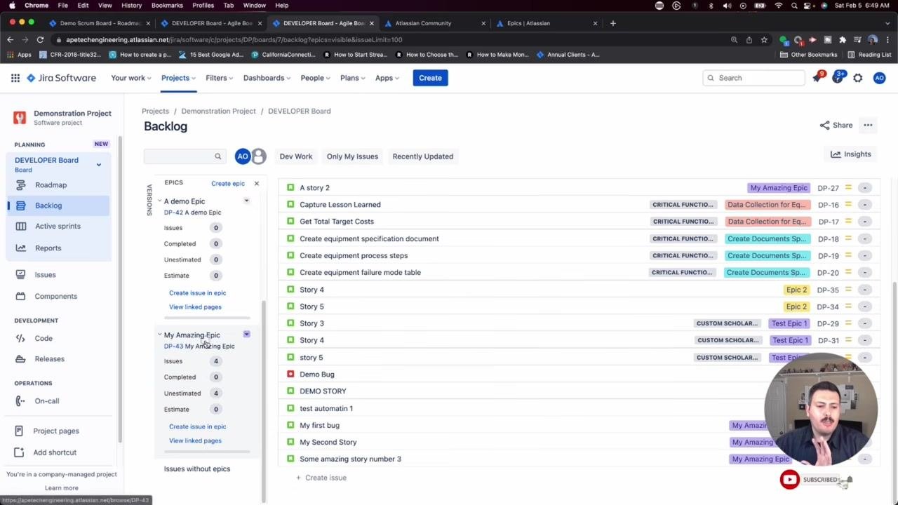 Jira Software Backlog with a large "SUBSCRIBE" button and a hand cursor, emphasizing the call to action.